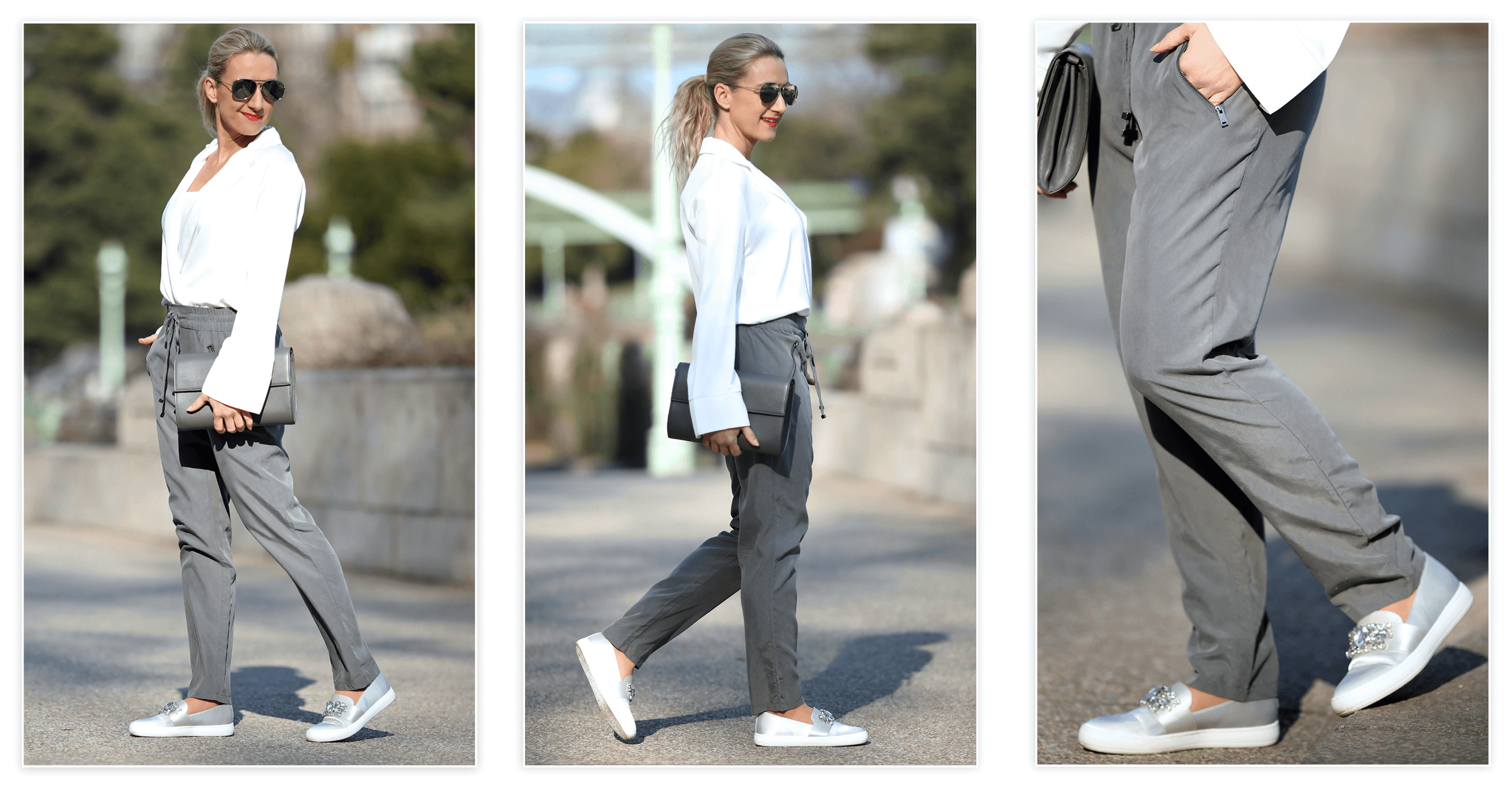 Fruhlings Outfit Track Pants Weisse Bluse Slip On Sneakers Shoelove By Deichmann